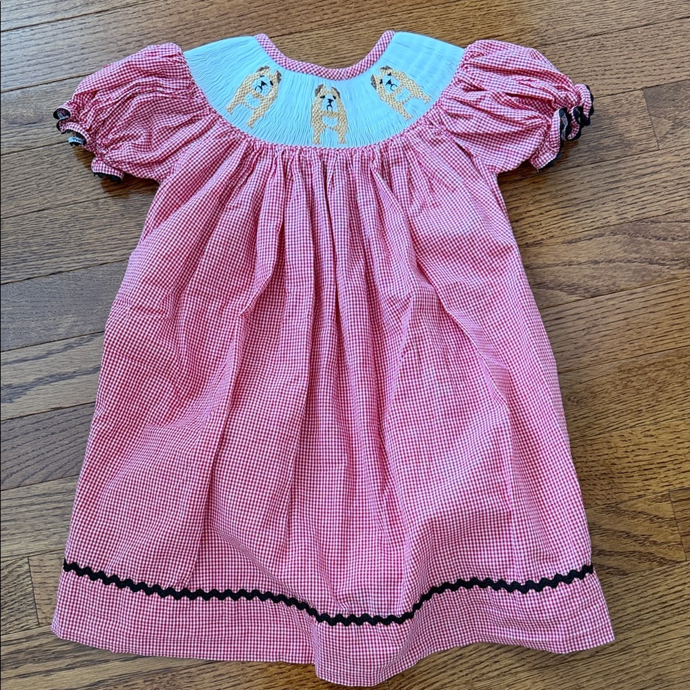 Smocked Georgia bulldog red Gingham Girls Dress with Dog Motif